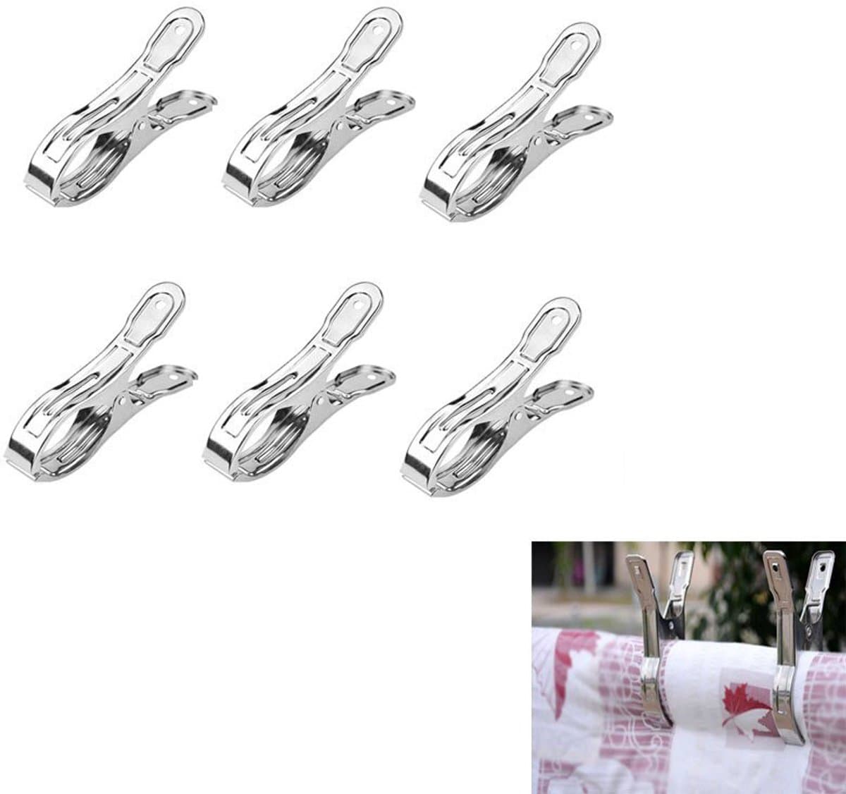 6-stuks Wasknijpers van roestvrij staal - Windbestendige wasknijpers - Strandhanddoekclips - Dekenclips - 13x2cm - Geschikt voor het drogen van kleding, strandhanddoeken, zwembadhoezen, gordijnen, dekens, enz. - Zilver — afbeelding 1