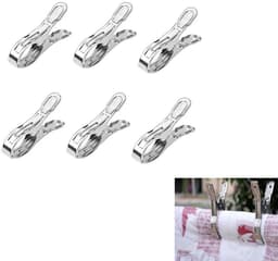 6-stuks Wasknijpers van roestvrij staal - Windbestendige wasknijpers - Strandhanddoekclips - Dekenclips - 13x2cm - Geschikt voor het drogen van kleding, strandhanddoeken, zwembadhoezen, gordijnen, dekens, enz. - Zilver — thumbnail 1
