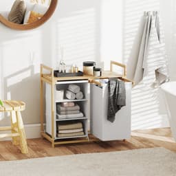 Wasmand met waszak-stoffen lade-bamboe-70x36x70 cm-wit/hout — thumbnail 4