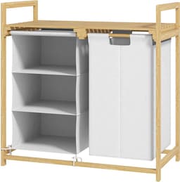 Wasmand met waszak-stoffen lade-bamboe-70x36x70 cm-wit/hout — thumbnail 2