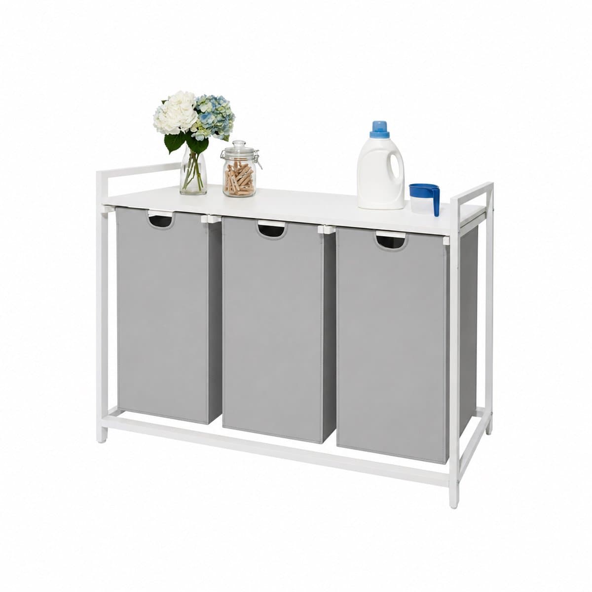 Wasmand 3 vakken - 150 liter - met plank - grijs-wit — afbeelding 1