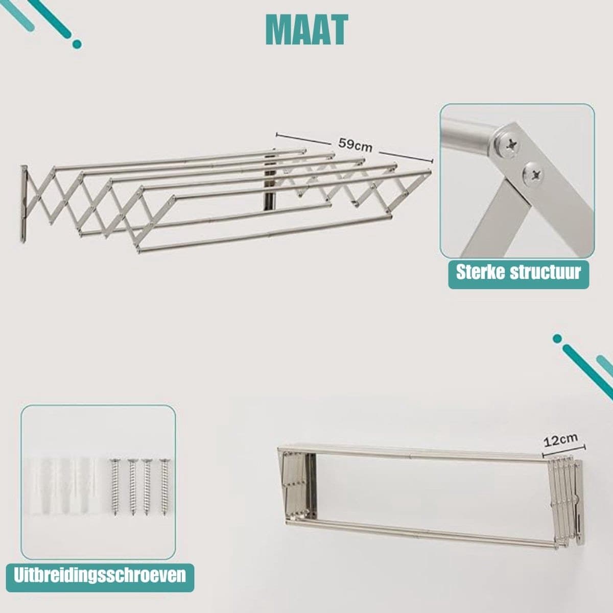 Klarven® Wanddroogrek Zilver Inklapbaar - Uitschuifbaar, met handdoekhouder en kledinghanger - H 80 x B 59 x D 19 cm — afbeelding 1