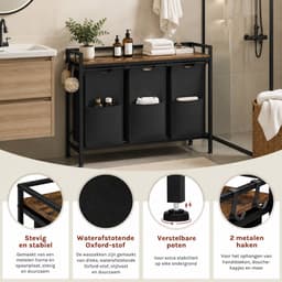 HomeGoodies - Wasmand 3 vakken - Wasmand - Wassorteerder - Totale afmetingen 96x30x71cm - Veelzijdige wasmandkast - Zwart — thumbnail 5