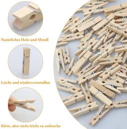 Wasknijpers Mini Houten Set - 165 Stuks - Decoratieve Klemmen - 10 m Jute Touw - Natuurlijk Hout - Stevige Veer — thumbnail 2