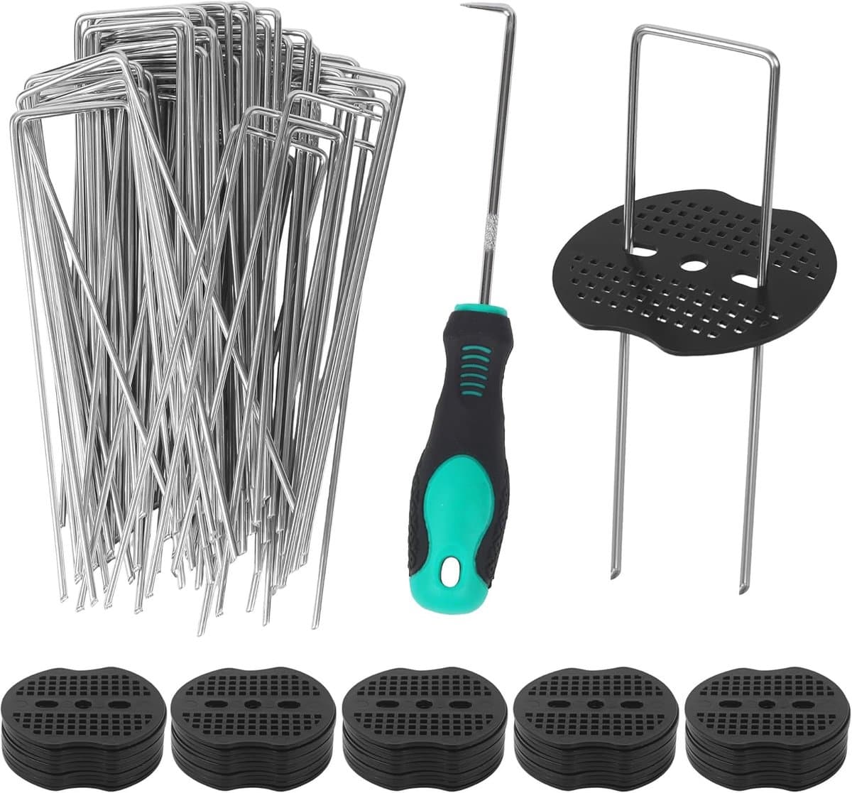 Grondanker set 50 verzinkte spijkers - 50 ringen - 1 haak - ideaal voor het bevestigen van onkruiddoek - ShopVlot — afbeelding 1