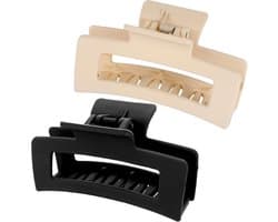 Set van 2 Vierkante Klemmen voor Medium Haar, 8.5 cm, Mat, Antislip, Sterke Grip, Haaraccessoires voor Vrouwen en Meisjes in Zwart en Beige