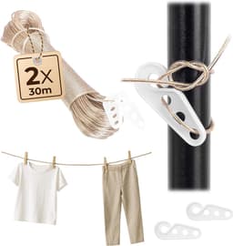 2 x waslijn, 30 m, 2 mm waslijn met stalen kern en kunststof ommanteling, weerbestendige waslijn voor balkon, tuin en camping, extra sterke lijn — thumbnail 2