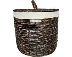 Waterhyacint Wasmand Zwart Gerookt Ø49cm | Linnen Voering & Handgrepen | Deksel | Badkamer