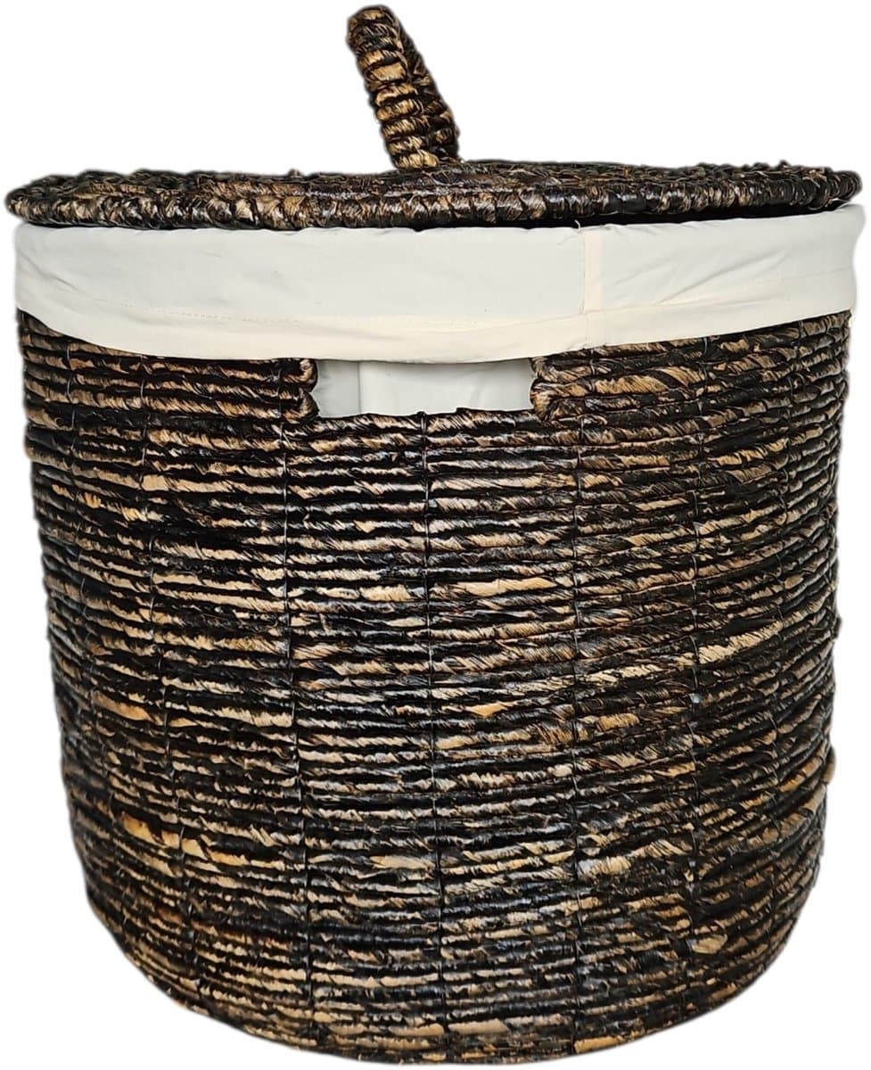 Waterhyacint Wasmand Zwart Gerookt Ø49cm | Linnen Voering & Handgrepen | Deksel | Badkamer — afbeelding 1