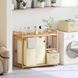 Wasmand Met 4 Vakken 140L - Grote Wasverzamelaar Met Bamboe Frame - Wassorteerder Met 2 Waszakken En 2 Stoffen Opbergboxen - Wasbox Met Plank Voor Badkamer, Slaapkamer En Wasruimte - Beige — thumbnail 2