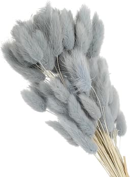 Gedroogde hazenstaart, 15,7 inch, 70 stuks, natuurlijke zachte kunstmatige gedroogde konijnenstaart, voor woondecoratie, bohovaas, bruiloft, grijsblauw — thumbnail 1