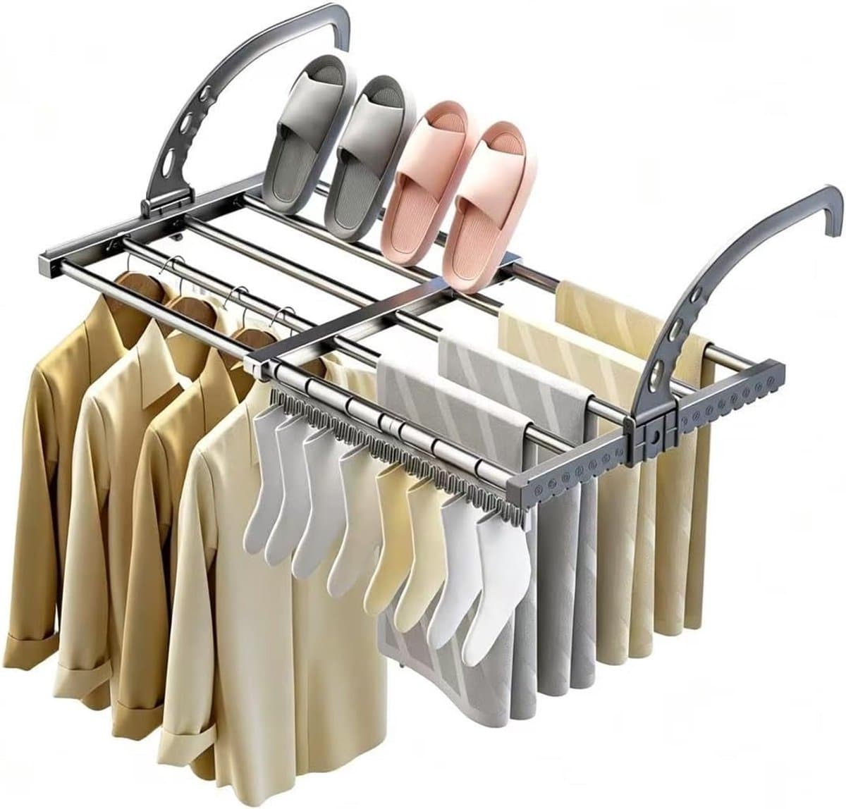 Wasrek Hangend Trapgat - Uitschuifbaar kledingrek - Wandkledingrek - 38-55 cm - Verstelbare lengte - Opvouwbaar - Gemakkelijk op te bergen - Ruimtebesparend - Geschikt voor deuren, balkons en radiatoren - Zwart - 1 stuk — afbeelding 1