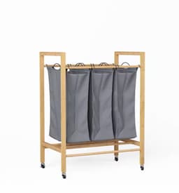 Bamboe Wasmand op Wielen met 3 Vakken - 90L Wasverzamelaar - Verrijdbare Wassorteerder - Grijs — thumbnail 5
