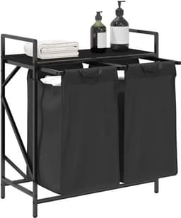 Wasmand – Laundry Basket – Wasbox – Wascontainer – Wasrek – 2 Compartimenten – Stevig Stalen Frame met Houtlook Opbergrek — thumbnail 2