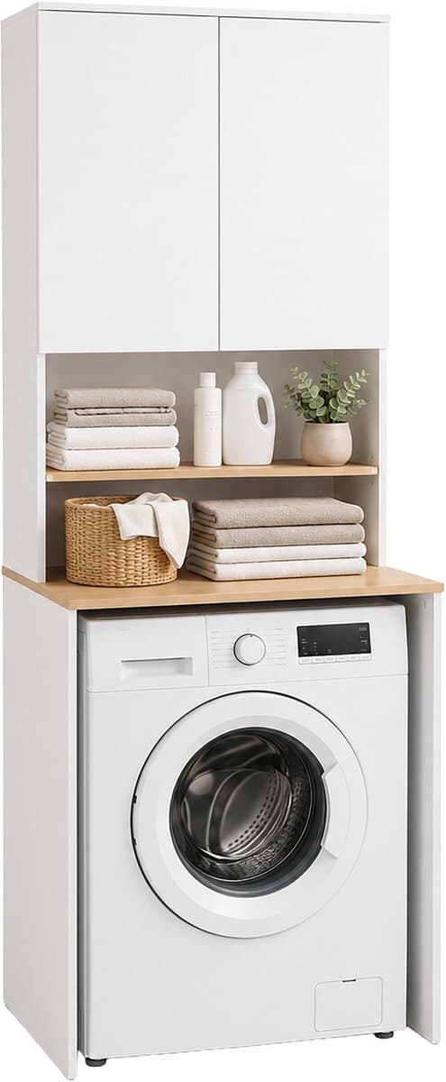 Wasmachinekast - wit-naturel - 68x188,5x60 cm - met opbergruimte — afbeelding 1