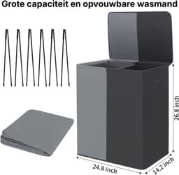 Ploutos® Wasmand 2 Vakken - Luxe Wassorteerder - Dubbele Waszak – Grijs/Zwart - 63cm x 36cm x 68cm — thumbnail 5