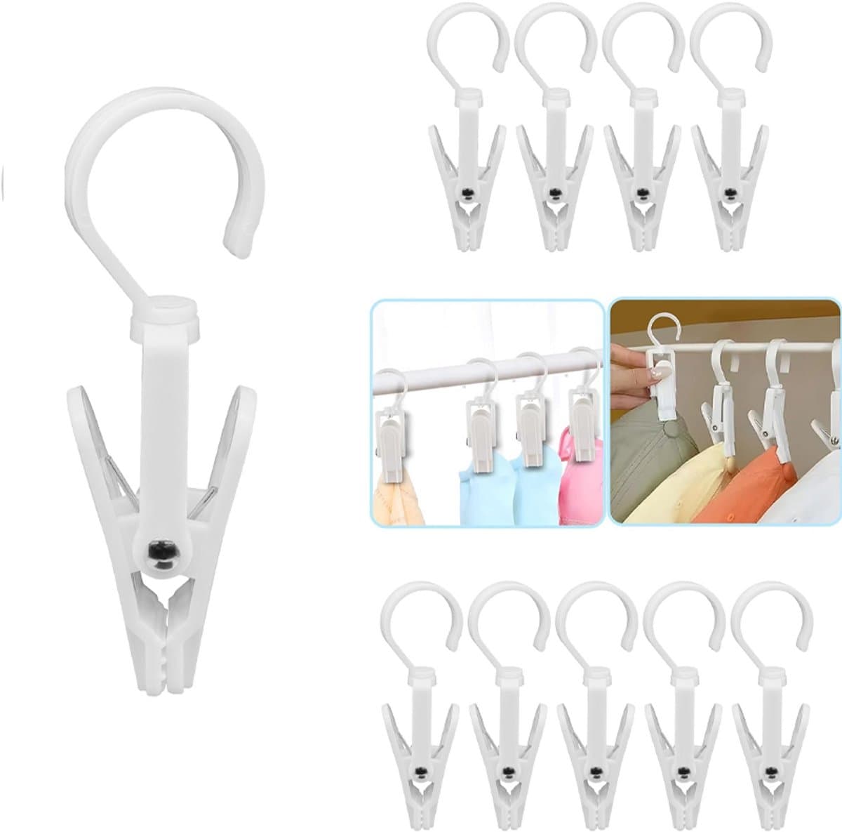 10-delige set - Wasknijperclips - Draaibare wasknijpers - Met cliphaken - Draaibaar haakontwerp - Stevig en duurzaam - Te gebruiken voor het ophangen van sokken, kleding, dekens, gordijnen, handdoeken, gereedschap, enz. - 10,5*1,8 cm - Wit — afbeelding 1
