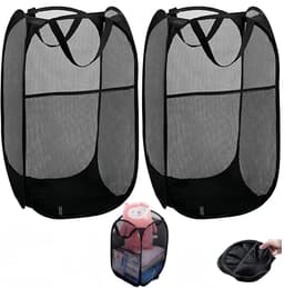 Thijox - 2 Stuks Opvouwbare Wasmand Met Handvat - Draagbare Zwarte Mesh Opbergmanden - Inklapbare Pop-Up Wasmanden Voor Thuis, Camping, Kinderen — thumbnail 1
