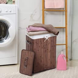 Smalle wasmand met deksel - 72 liter wasmand met handvat - uitneembare waszak - wasbox voor wasruimte - slaapkamer - badkamer - donkerbruin — thumbnail 2