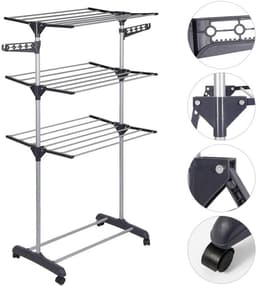 Droogrek Toren - Wasrek Uitschuifbaar - Kleding Drogen - Plat Droog Functie - 72x56x152 cm - Grijs — thumbnail 5