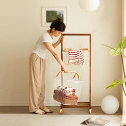 Wasmand met 2 Lagen - Kledingmand Rolbaar - Kleding Sorteren - Afneembare Manden - 127 cm Hoog - Walnoot — thumbnail 4
