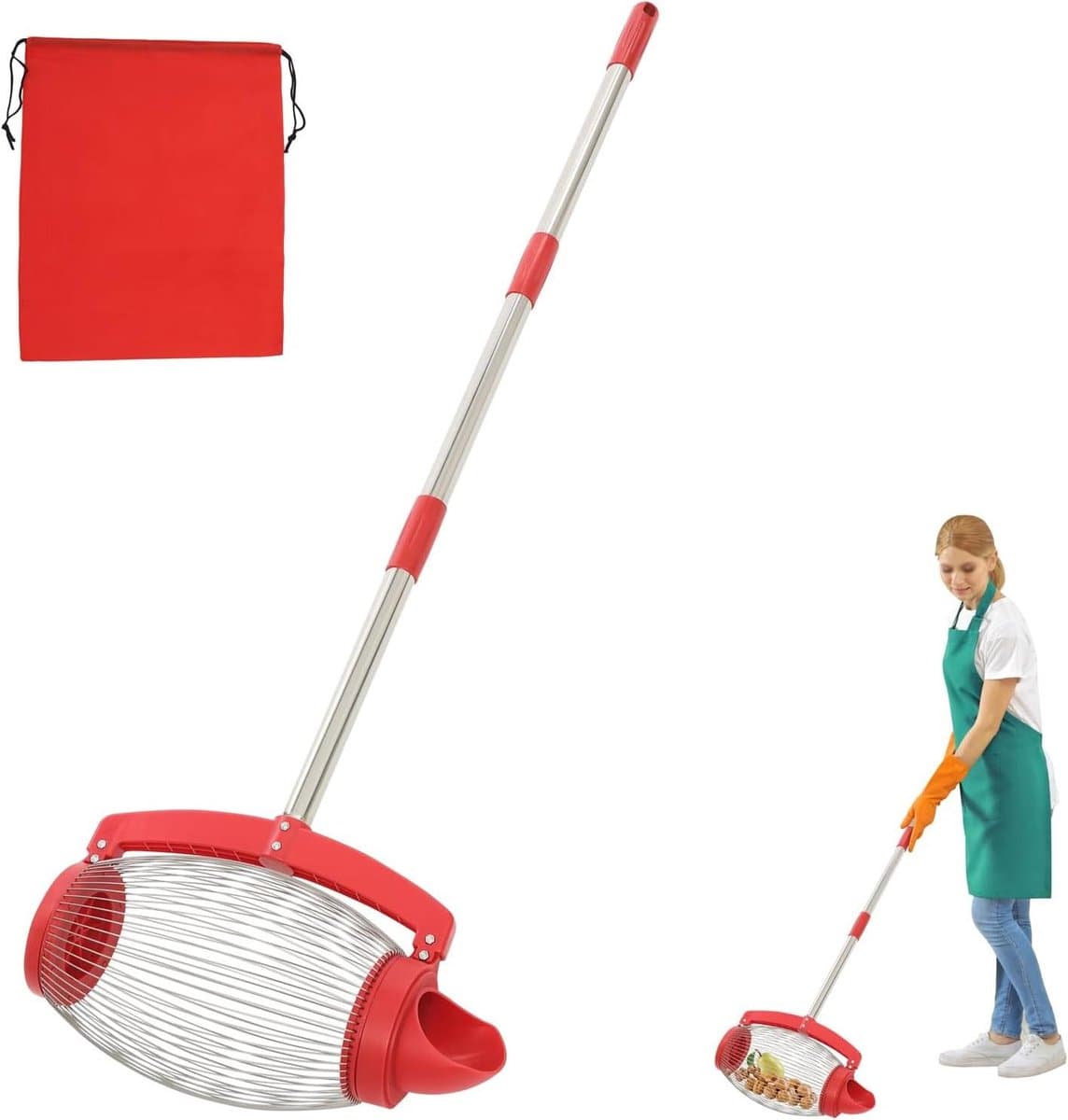Notenverzamelaar - Rol opruimer - Tuin opruimen - Verstelbare steel - 15 liter zak - Zilver en rood — afbeelding 1