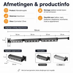 YQLAFT droogrek inklapbaar - droogrek 126cm - wasrek inklapbaar - 180° draaibare armen en 360° verstelbare scharnieren - Ideaal voor kleine woningen - droogrek hangend - Wasrek hangend - wanddroogrek - Kledingrek - Grijs — thumbnail 3