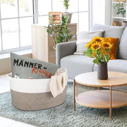 Thijox - Extra grote opbergmand van duurzaam geweven katoenen touw voor wasgoed, woonkamer, slaapkamer, speelgoed, schoenen, handdoeken, wit en kaki, — thumbnail 5