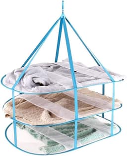 Vouwbare Winddichte Mesh Mand - 3 Niveaus voor Het Drogen van Truien - Blauwe Textielnet — thumbnail 1