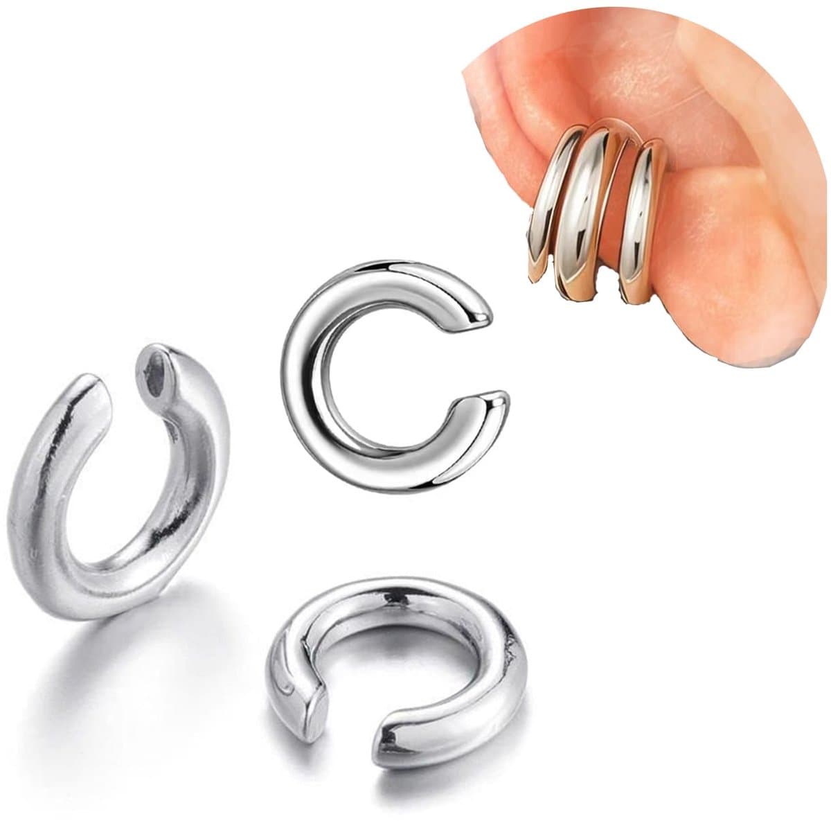 Oormanchet Voor Oor Zonder Piercing, Chunky Oormanchet Sieraden Voor Vrouwen En Jongeren, Hypoallergeen Kraakbeen, Roestvrij Staal, Gepolijst, Zilver, Effen, 1 Stuks — afbeelding 1