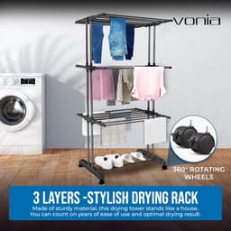 3-laags opvouwbaar droogrek - 12 m droogrek voor binnen en buiten | 72 x 50 x 172 cm droogtoren met 3 niveaus | Stevig, lichtgewicht ontwerp voor handdoeken, kleding en was — thumbnail 5