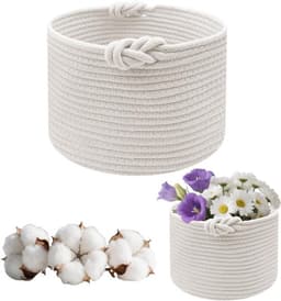 Braadmand voor opbergen van kleding - kleine gevlochten opbergmand - wasmand rond - katoenen mand voor badkamer en speelgoed - d 24 × h 18 cm (wit) — thumbnail 1