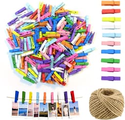 Solidchoice- Mini-houten Klemmen 200 Stuks - Kleine Wasknijpers - Jute Koord 30 m - Kleurrijke Fotoclipset - Robuust Hout - Veilig en Aangenaam Werken — thumbnail 1