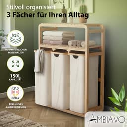 Wasmand 3 vakken met legplank beige 150 l – ruimtebesparend design – 50 l per vak – stabiele bamboeconstructie – legplank – uitneembare, wasbare waszakken — thumbnail 5