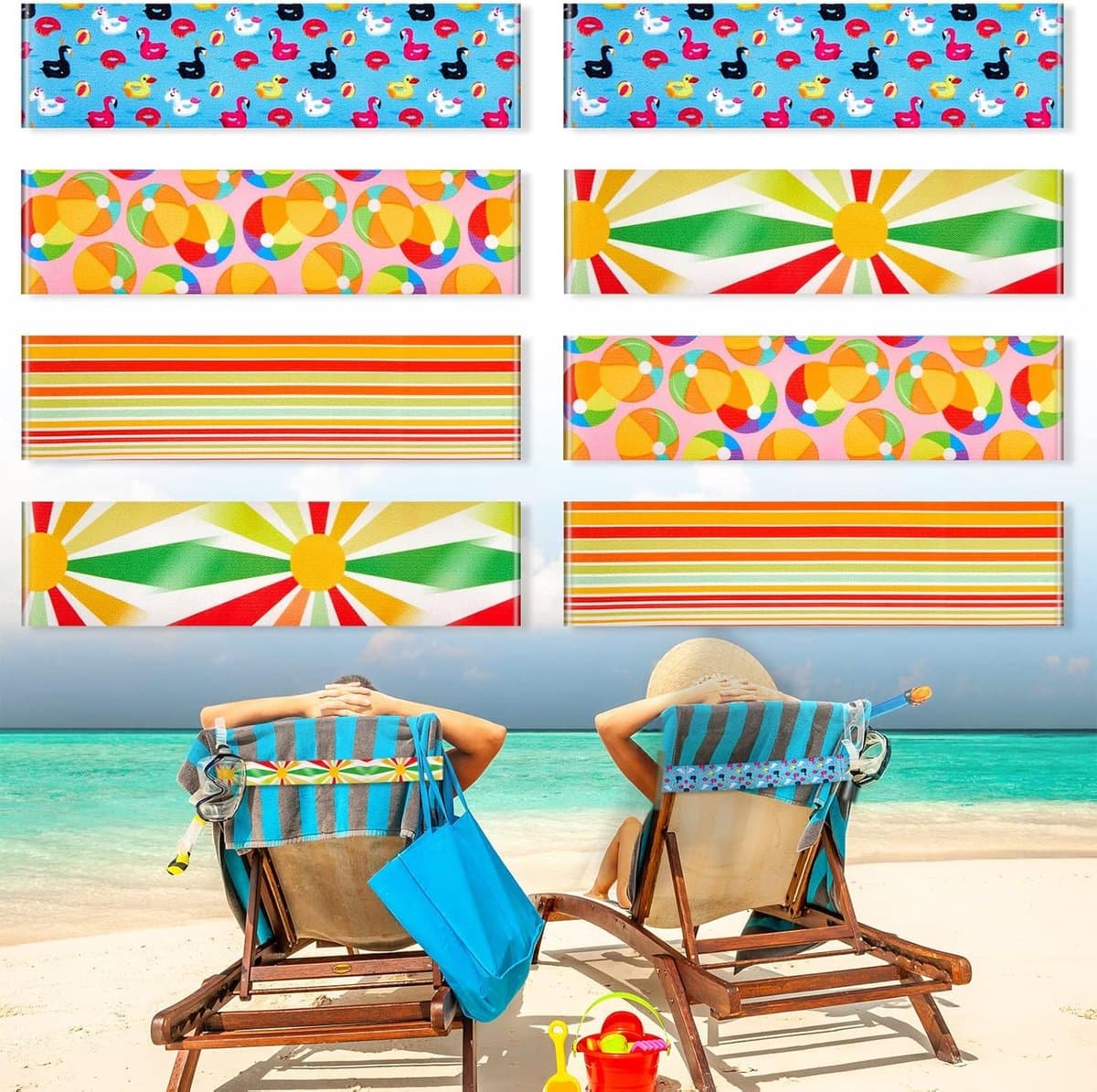 SnelShoppen - Pack van 8 Strandstoel Handdoek Clips - Elastische Handdoekhouders voor Zonnebedden - Winddichte Touwtjes voor Pool, Zomer - Regenboog S — afbeelding 1