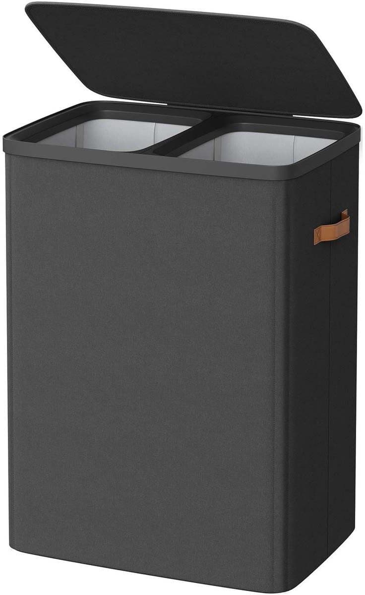 Wasmand Waszak 56x40x75cm zwart 170 liter (44,9 gallon) Grote capaciteit opbergmand Dubbele compartimenten Met afneembare binnenzakken Deksel en handgrepen Kleding sorteersysteem Geschikt voor badkamer en wasruimte — afbeelding 1