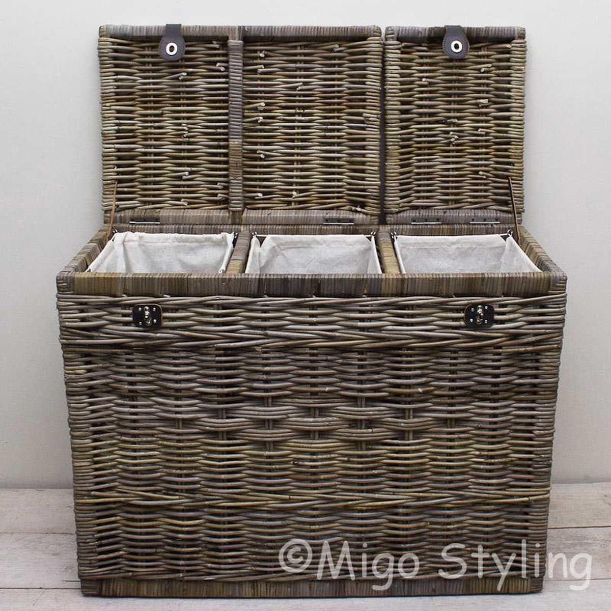 Migo Styling - Wasmand - 3 vakken - Met deksel - 85x40xH65 - Riet - Rotan - Trio — afbeelding 1