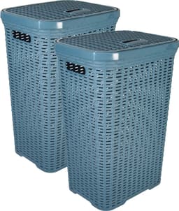 Hega Hogar Wasmand met deksel Rotan - 2x - denim blauw - gevlochten kunststof - 60 liter - 34 x 43 x 62 cm — thumbnail 1