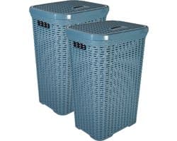 Hega Hogar Wasmand met deksel Rotan - 2x - denim blauw - gevlochten kunststof - 60 liter - 34 x 43 x 62 cm