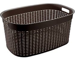 Hega Hogar Rotan line wasmand - donkerbruin - inhoud 44 liter - kunststof - 58 x 39 x 27 cm - met handvatten