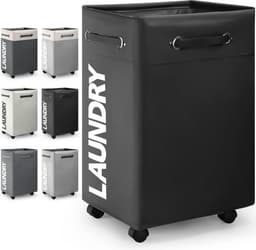 Opvouwbare wasmanden met wiel, 74 liter, large opvouwbare wasmanden, right-height, waterproof, opvouwbare wasmanden met wiel, praktische wasmanden (zwart o2) — thumbnail 1