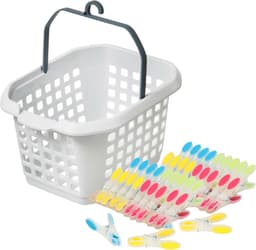 Wasknijpers ophang mandje/bakje - wit - met 40x plastic soft grip knijpers — thumbnail 1