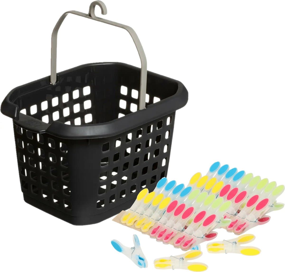 Wasknijpers ophang mandje/bakje - zwart - met 40x plastic soft grip knijpers — afbeelding 1
