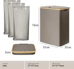 Wasmand met deksel, 3 vakken, de wasmand kan worden ingeklapt, 160 liter, donkergrijs — thumbnail 2