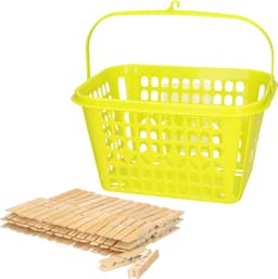 Wasknijpers ophangmandje met haak - groen - gevuld met 120x houten wasknijpers 7 cm - was ophangen — thumbnail 1