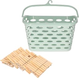 Wasknijpersmandje met haak - mintgroen - en 100x houten wasknijpers 7 cm - was ophangen — thumbnail 1