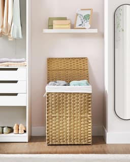 Wasmand met deksel, 90 liter, 2 vakken, uitneembare waszak met handgrepen, handgevlochten, voor slaapkamer, badkamer, 33 x 46 x 60 cm, naturel kleur — thumbnail 3
