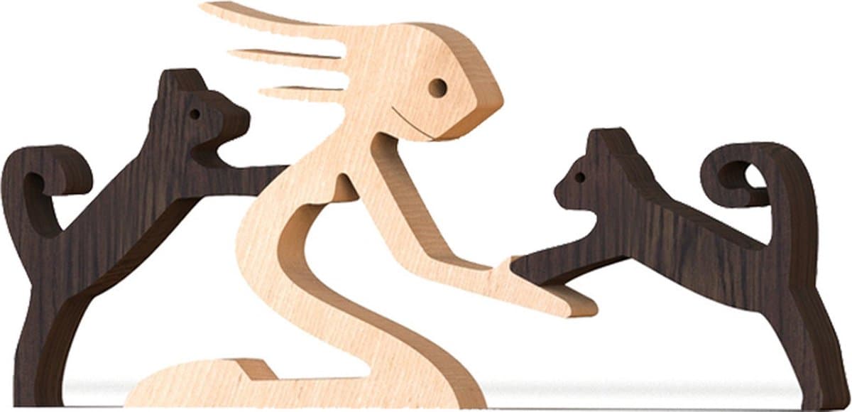 Houten beeldje - Natuurlijk hout - Beeld - Decoratief - Hout - Vrouw - Katten - B014 — afbeelding 1