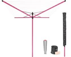 Brabantia Lift-O-Matic Droogmolen - met Metalen Grondanker, Beschermhoes, Wasknijpertasje en Wasknijpers - 50 m - Spring Pink
