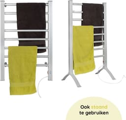 Eleganca Elektrisch Droogrek – B52 x D10 x H80 cm (Hangend) - B52 x D36.5 x H90 cm (Staand) – Verwarmd Droogrek voor snel Drogen van Handdoeken – Elektrisch - 220-240V - 150W - IPX4 - Zilver — thumbnail 1